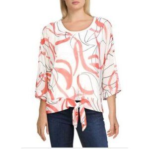 Alfani Printed Tie-Front Top Sea Breeze White Size L